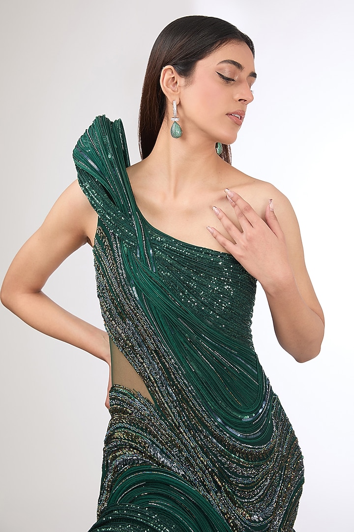 Emerald Green Polyester Sequins Sculpted Bridal Gown by Gaurav Gupta at Pernia's Pop Up Shop