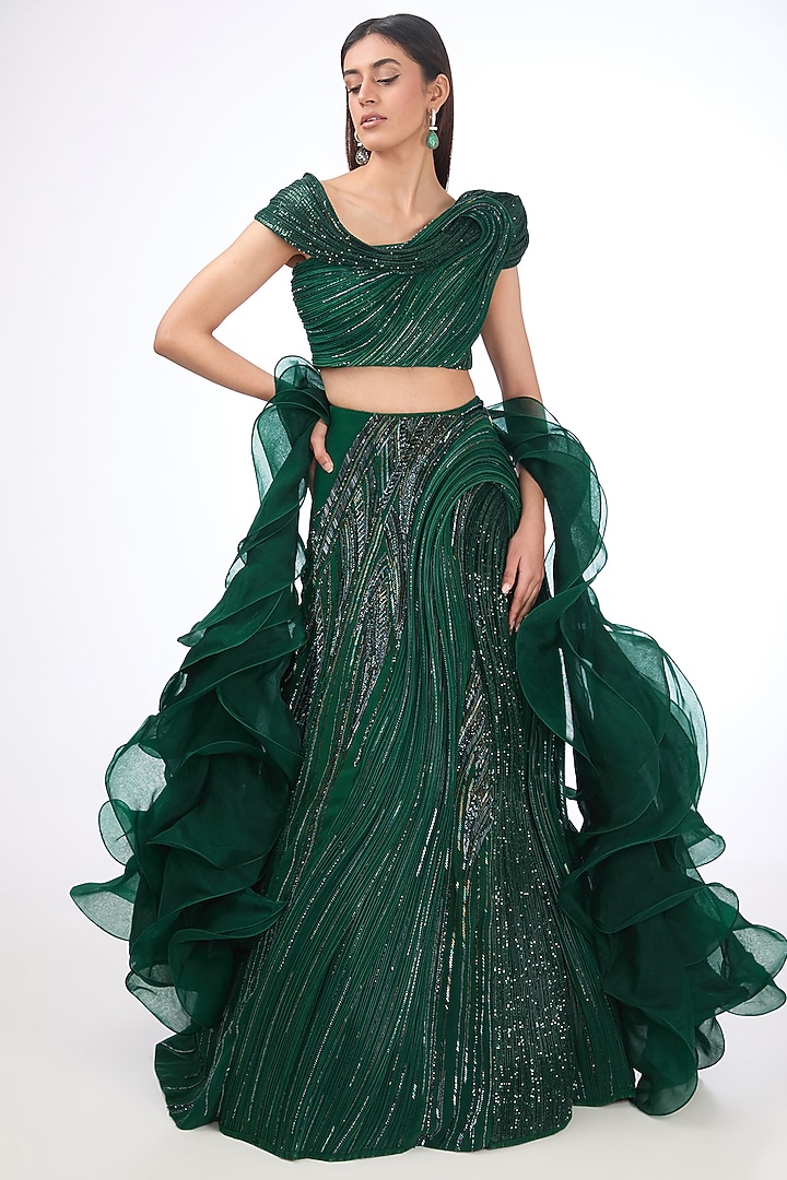 Emerald Green Polyester Sequins Bridal Lehenga Set by Gaurav Gupta at Pernia's Pop Up Shop