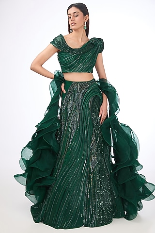 Emerald Green Polyester Sequins Lehenga Set by Gaurav Gupta