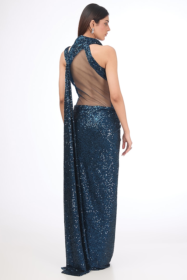 Teal Sequins Bridal Gown Saree by Gaurav Gupta at Pernia's Pop Up Shop