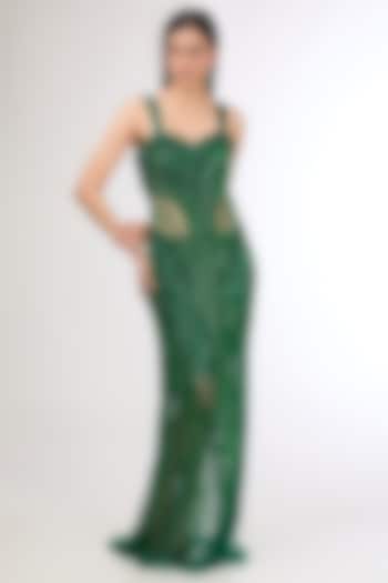 Malachite Green Tulle Sequined Bridal Gown by Gaurav Gupta at Pernia's Pop Up Shop