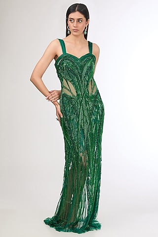 Malachite Green Tulle Sequined Gown by Gaurav Gupta