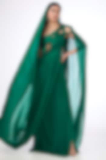 Malachite Green Woven Silk Chiffon Draped Bridal Gown Saree by Gaurav Gupta at Pernia's Pop Up Shop