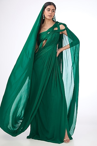 Malachite Green Woven Silk Chiffon Draped Gown Saree by Gaurav Gupta