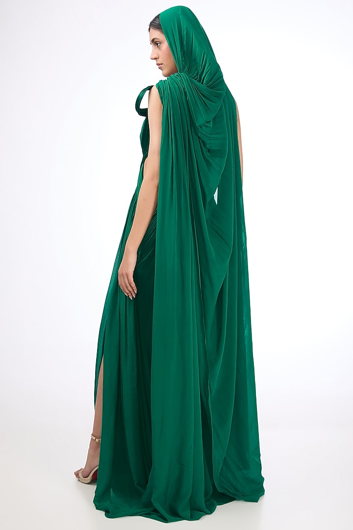 Malachite Green Woven Silk Chiffon Draped Bridal Gown Saree by Gaurav Gupta at Pernia's Pop Up Shop
