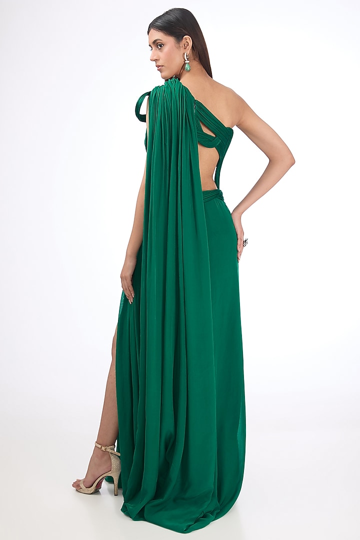Malachite Green Woven Silk Chiffon Draped Bridal Gown Saree by Gaurav Gupta at Pernia's Pop Up Shop