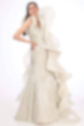 Sage Gold Rayon Georgette Ruffled Cape by Gaurav Gupta at Pernia's Pop Up Shop