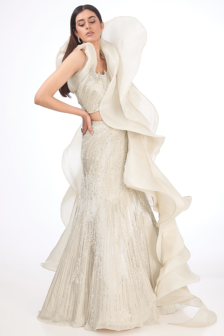 Sage Gold Rayon Georgette Ruffled Cape by Gaurav Gupta at Pernia's Pop Up Shop