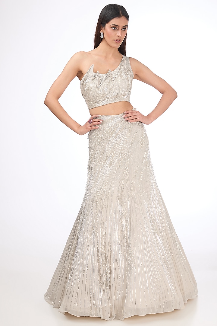 Sage Gold Rayon Georgette Bridal Lehenga Set by Gaurav Gupta at Pernia's Pop Up Shop