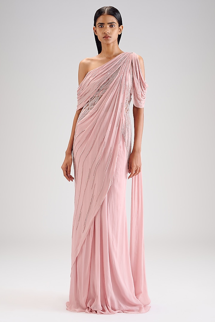 Sand Pink Rayon Georgette Embellished Reception Gown Saree by Gaurav Gupta at Pernia's Pop Up Shop