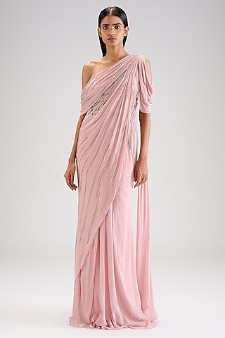 Sand Pink Rayon Georgette Embellished Gown Saree by Gaurav Gupta