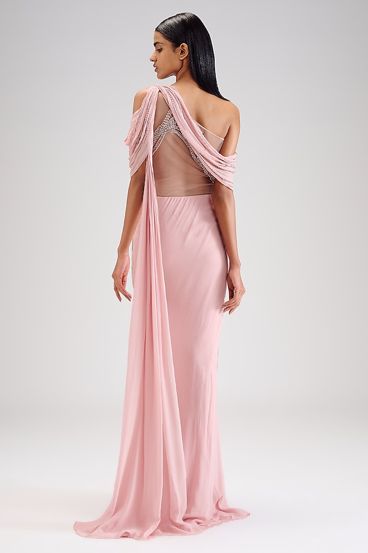 Sand Pink Rayon Georgette Embellished Bridal Gown Saree by Gaurav Gupta at Pernia's Pop Up Shop