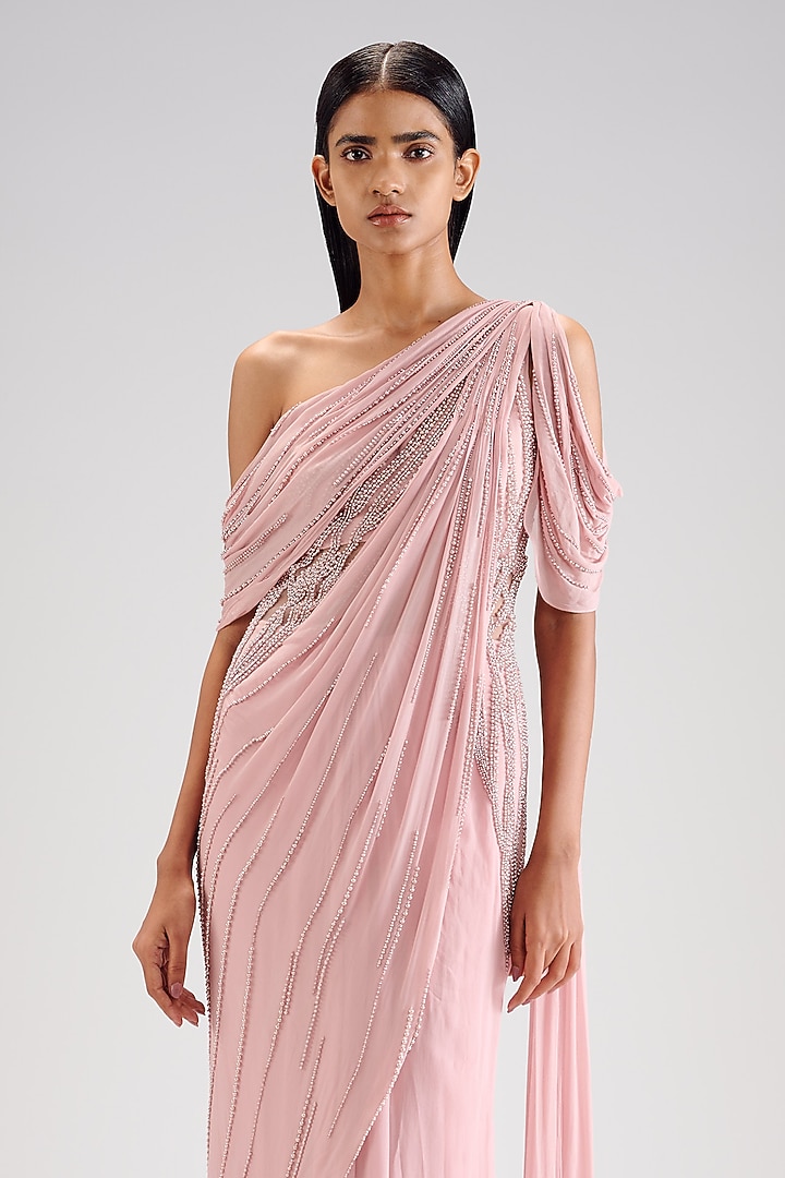 Sand Pink Rayon Georgette Embellished Bridal Gown Saree by Gaurav Gupta at Pernia's Pop Up Shop