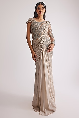 Sage Gold Viscose Georgette Embellished Gown Saree by Gaurav Gupta