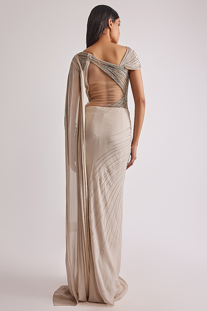 Sage Gold Viscose Georgette Embellished Bridal Gown Saree by Gaurav Gupta at Pernia's Pop Up Shop