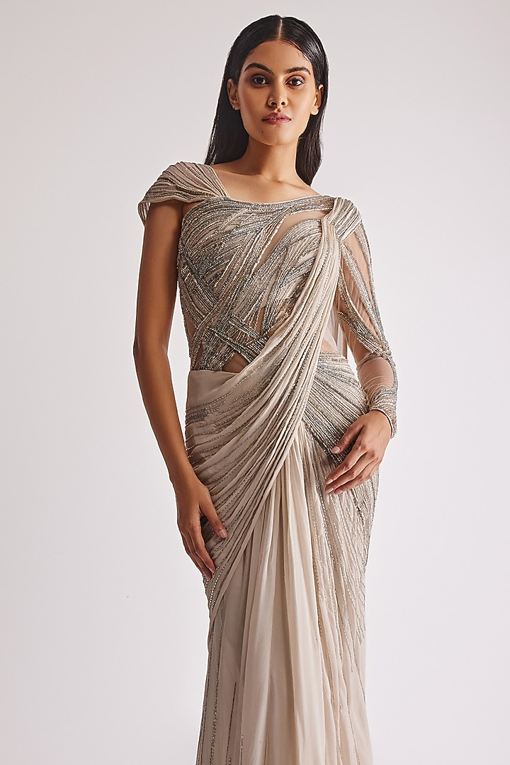 Sage Gold Viscose Georgette Embellished Bridal Gown Saree by Gaurav Gupta at Pernia's Pop Up Shop
