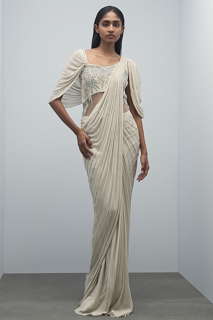 Sage Gold Viscose Georgette Embellished Bridal Gown Saree by Gaurav Gupta at Pernia's Pop Up Shop