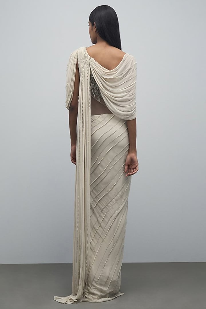 Sage Gold Viscose Georgette Embellished Bridal Gown Saree by Gaurav Gupta at Pernia's Pop Up Shop