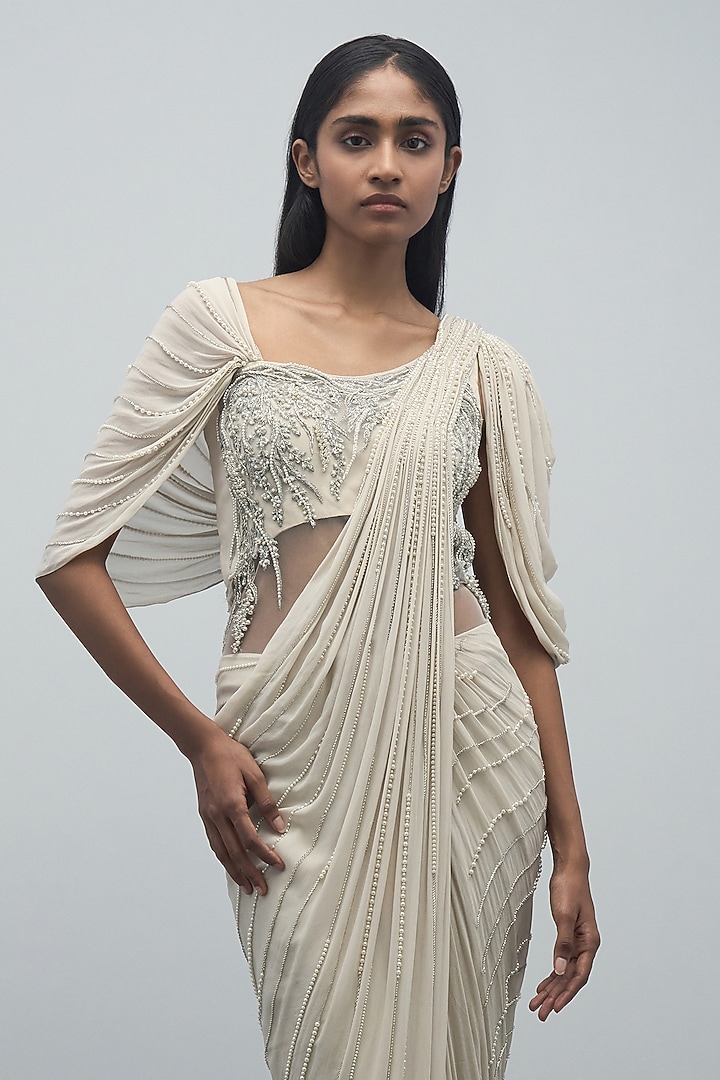 Sage Gold Viscose Georgette Embellished Bridal Gown Saree by Gaurav Gupta at Pernia's Pop Up Shop