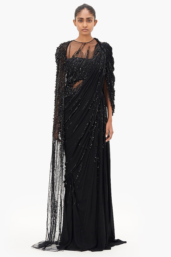 Black Rayon Georgette Embellished Bridal Gown Saree by Gaurav Gupta at Pernia's Pop Up Shop