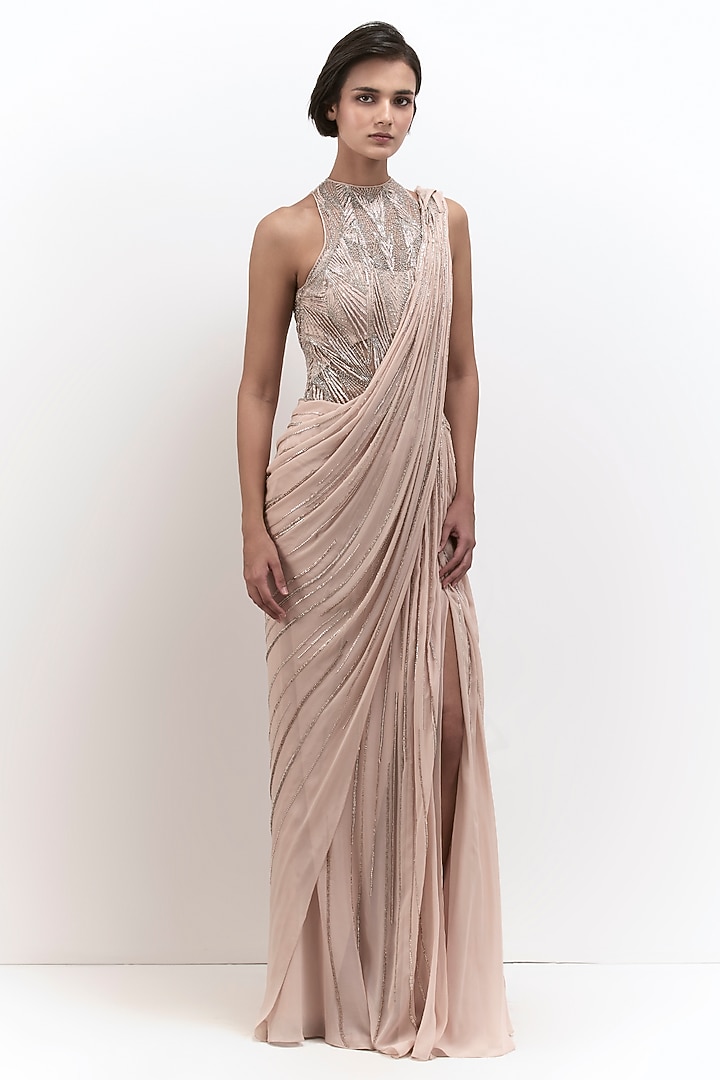 Peach Blush Georgette Embroidered Bridal Gown Saree by Gaurav Gupta at Pernia's Pop Up Shop