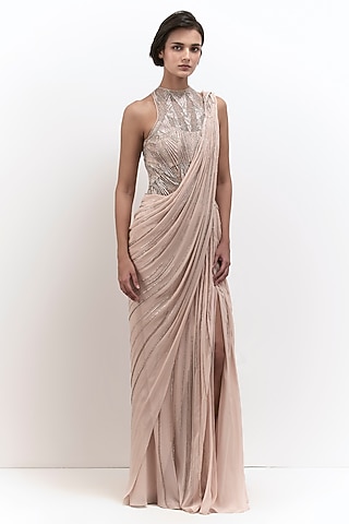 Peach Blush Georgette Embroidered Gown Saree by Gaurav Gupta