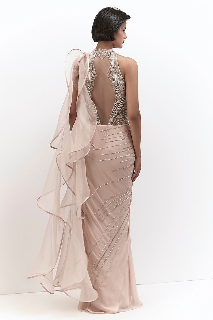 Peach Blush Georgette Embroidered Bridal Gown Saree by Gaurav Gupta at Pernia's Pop Up Shop