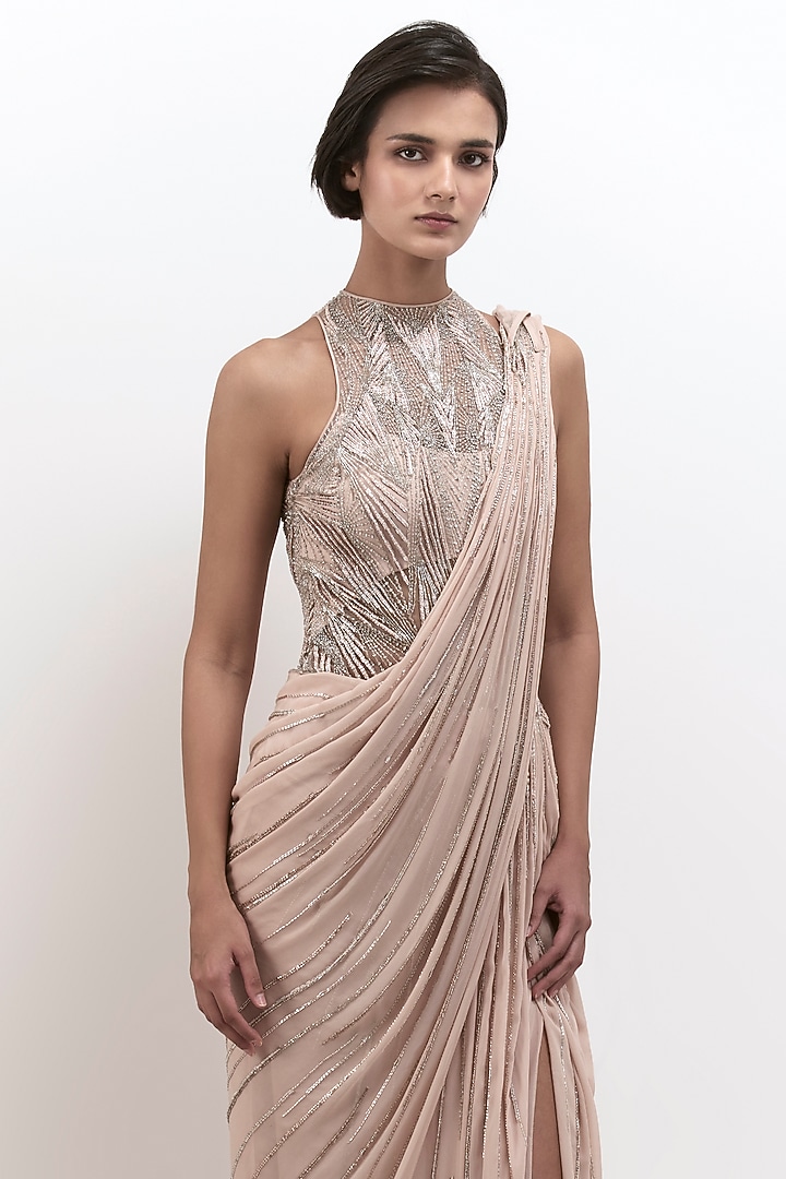 Peach Blush Georgette Embroidered Bridal Gown Saree by Gaurav Gupta at Pernia's Pop Up Shop