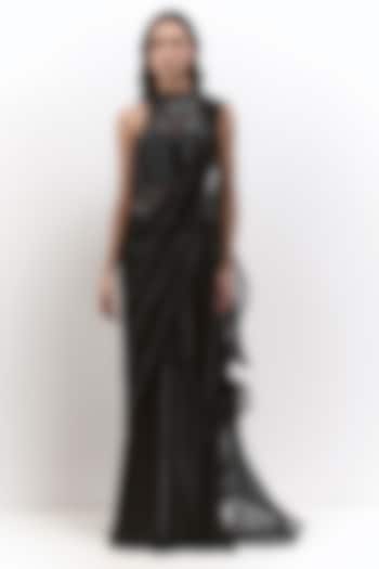 Black Georgette Embroidered Bridal Gown Saree by Gaurav Gupta at Pernia's Pop Up Shop