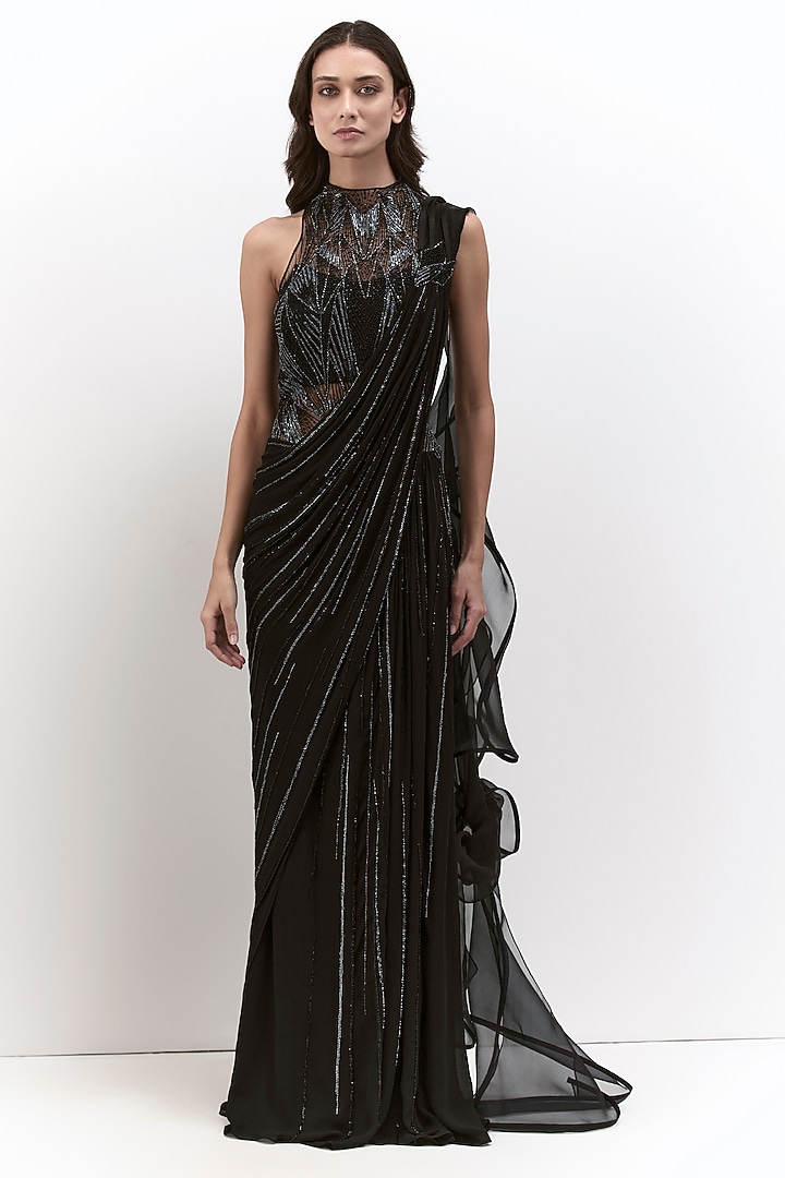 Black Georgette Embroidered Bridal Gown Saree by Gaurav Gupta at Pernia's Pop Up Shop