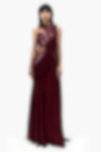 Wine Rayon Georgette Embroidered Bridal Gown Saree by Gaurav Gupta at Pernia's Pop Up Shop