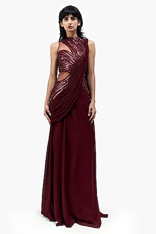 Wine Rayon Georgette Embroidered Gown Saree by Gaurav Gupta