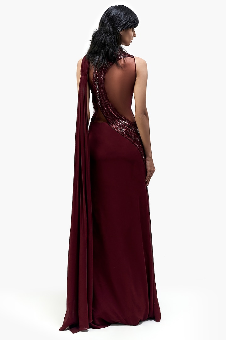 Wine Rayon Georgette Embroidered Bridal Gown Saree by Gaurav Gupta at Pernia's Pop Up Shop