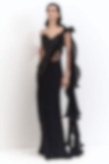 Black Rayon Georgette Corset Bridal Gown Saree by Gaurav Gupta at Pernia's Pop Up Shop