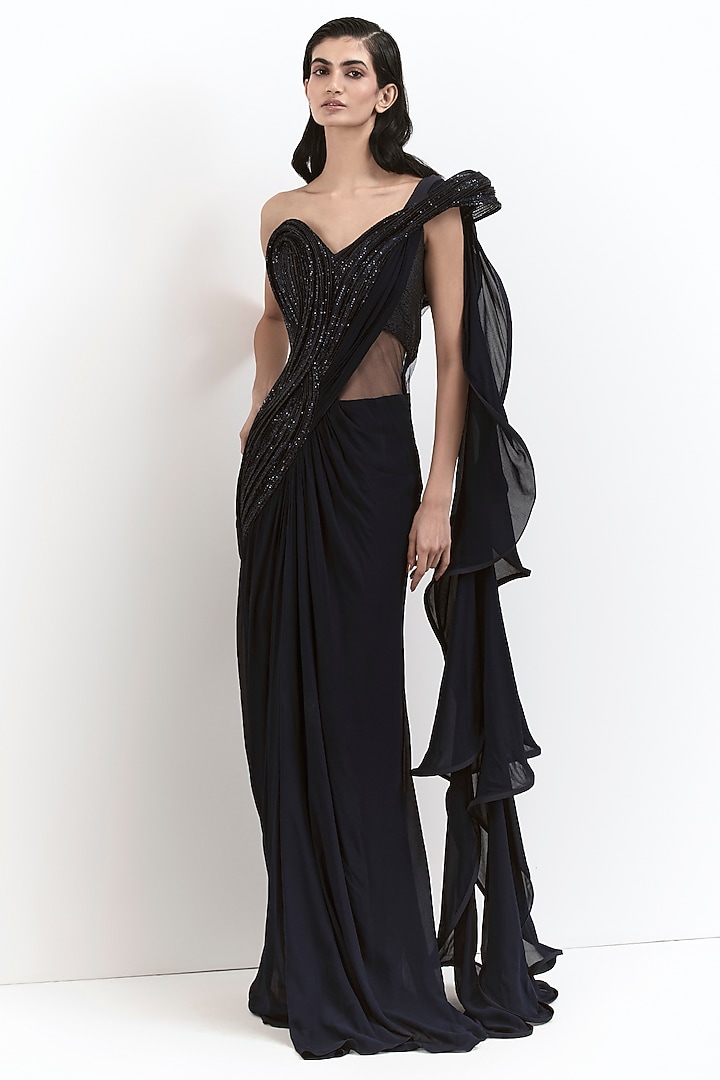 Black Rayon Georgette Corset Bridal Gown Saree by Gaurav Gupta at Pernia's Pop Up Shop