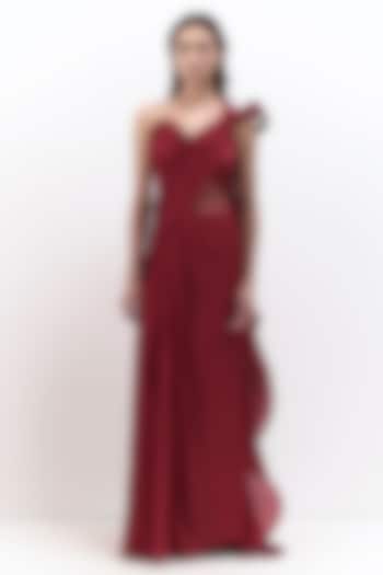 Lava Red Rayon Georgette Corset Bridal Gown Saree by Gaurav Gupta at Pernia's Pop Up Shop