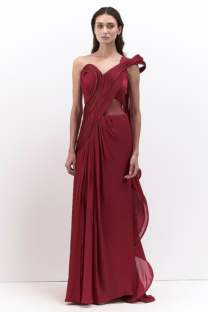 Lava Red Rayon Georgette Corset Bridal Gown Saree by Gaurav Gupta at Pernia's Pop Up Shop