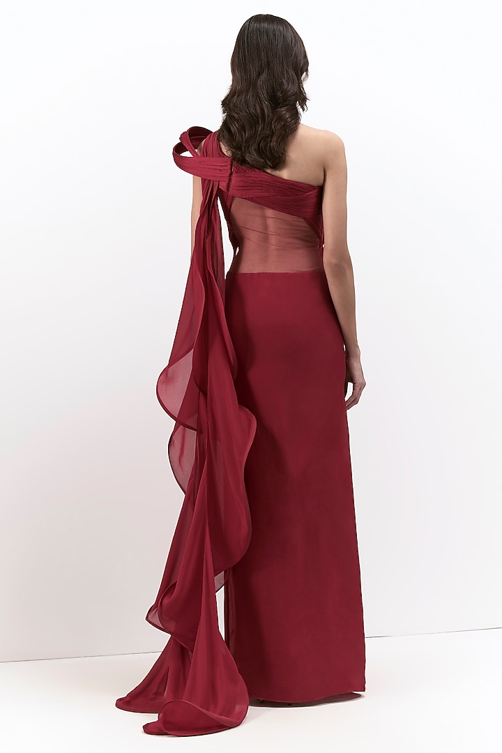 Lava Red Rayon Georgette Corset Bridal Gown Saree by Gaurav Gupta at Pernia's Pop Up Shop