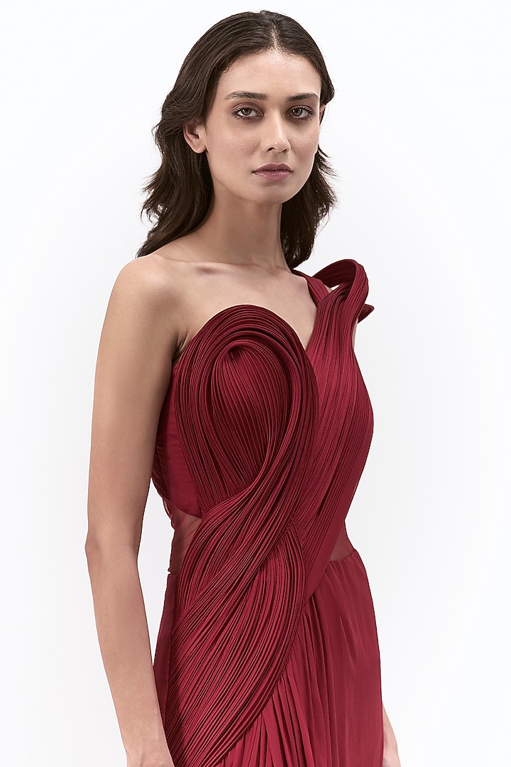 Lava Red Rayon Georgette Corset Bridal Gown Saree by Gaurav Gupta at Pernia's Pop Up Shop