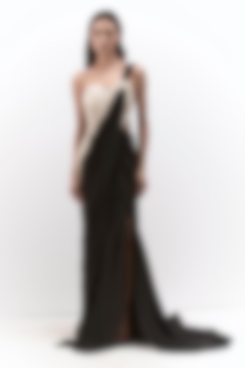 Black & Pearl White Silk Chiffon Corset Bridal Gown Saree by Gaurav Gupta at Pernia's Pop Up Shop