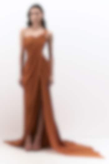 Ochre Silk Chiffon Corset Bridal Gown Saree by Gaurav Gupta at Pernia's Pop Up Shop