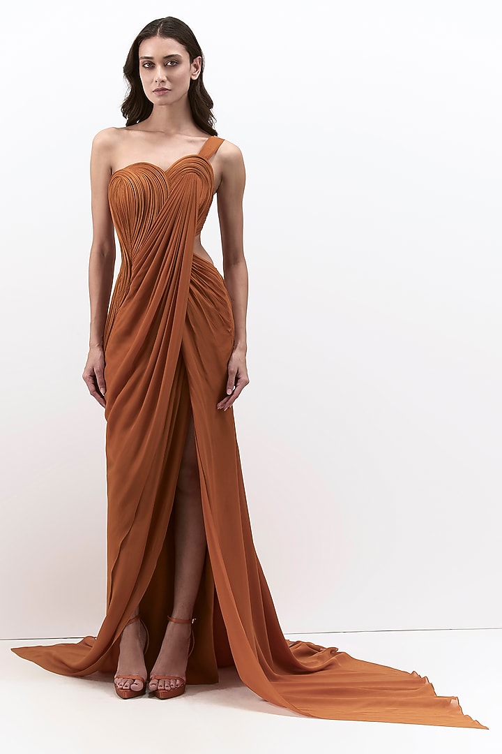 Ochre Silk Chiffon Corset Bridal Gown Saree by Gaurav Gupta at Pernia's Pop Up Shop