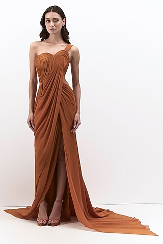 Ochre Silk Chiffon Corset Gown Saree by Gaurav Gupta