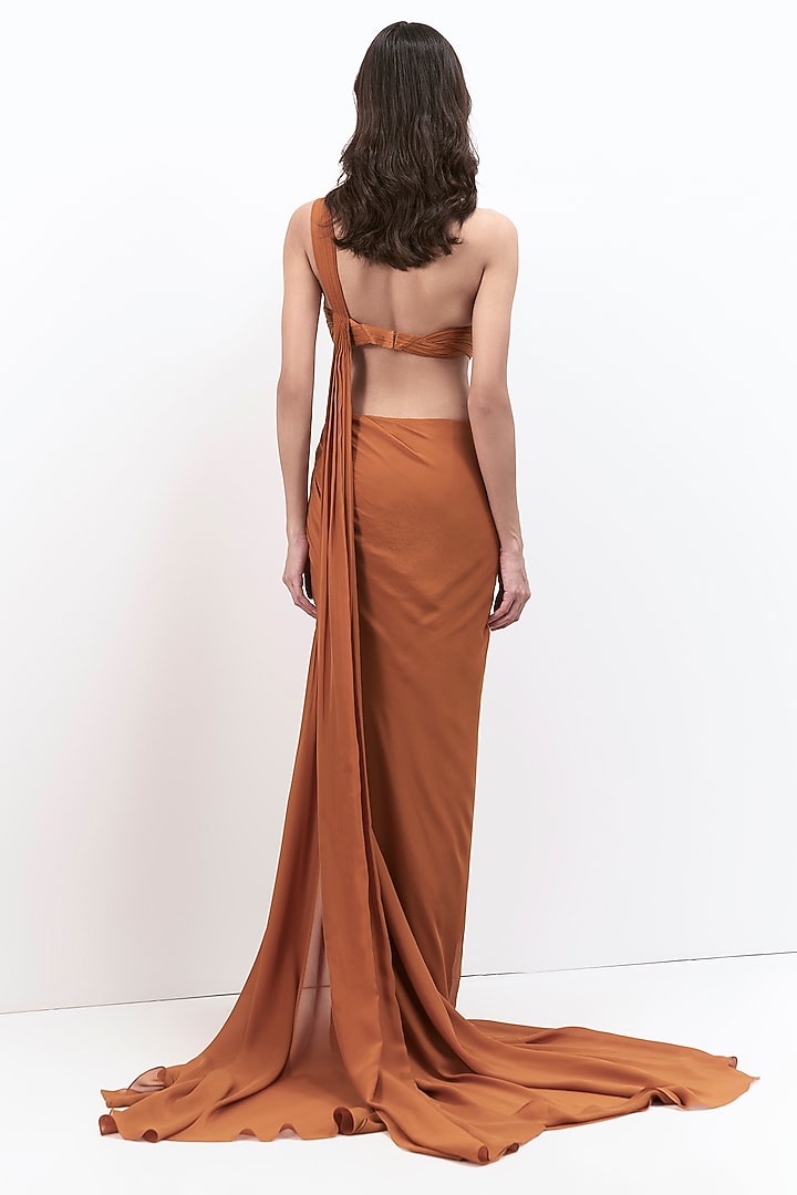 Ochre Silk Chiffon Corset Bridal Gown Saree by Gaurav Gupta at Pernia's Pop Up Shop