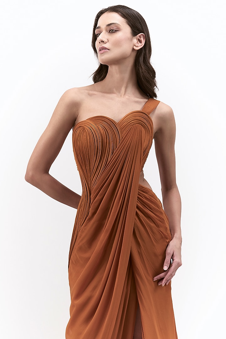 Ochre Silk Chiffon Corset Bridal Gown Saree by Gaurav Gupta at Pernia's Pop Up Shop