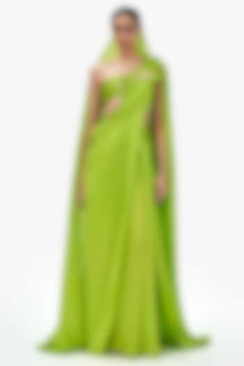Neon Green Silk Chiffon Draped Bridal Gown Saree by Gaurav Gupta at Pernia's Pop Up Shop