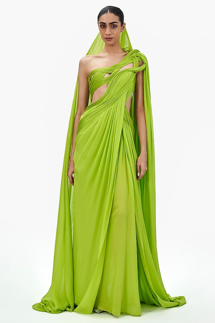 Neon Green Silk Chiffon Draped Bridal Gown Saree by Gaurav Gupta at Pernia's Pop Up Shop