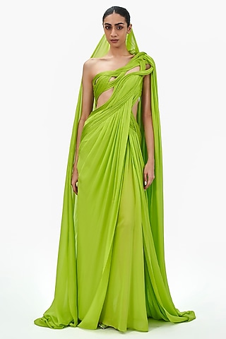 Neon Green Silk Chiffon Draped Gown Saree by Gaurav Gupta