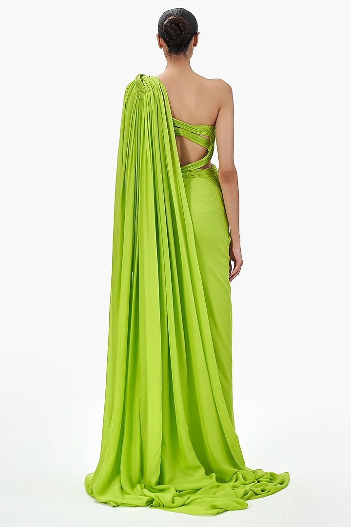 Neon Green Silk Chiffon Draped Bridal Gown Saree by Gaurav Gupta at Pernia's Pop Up Shop
