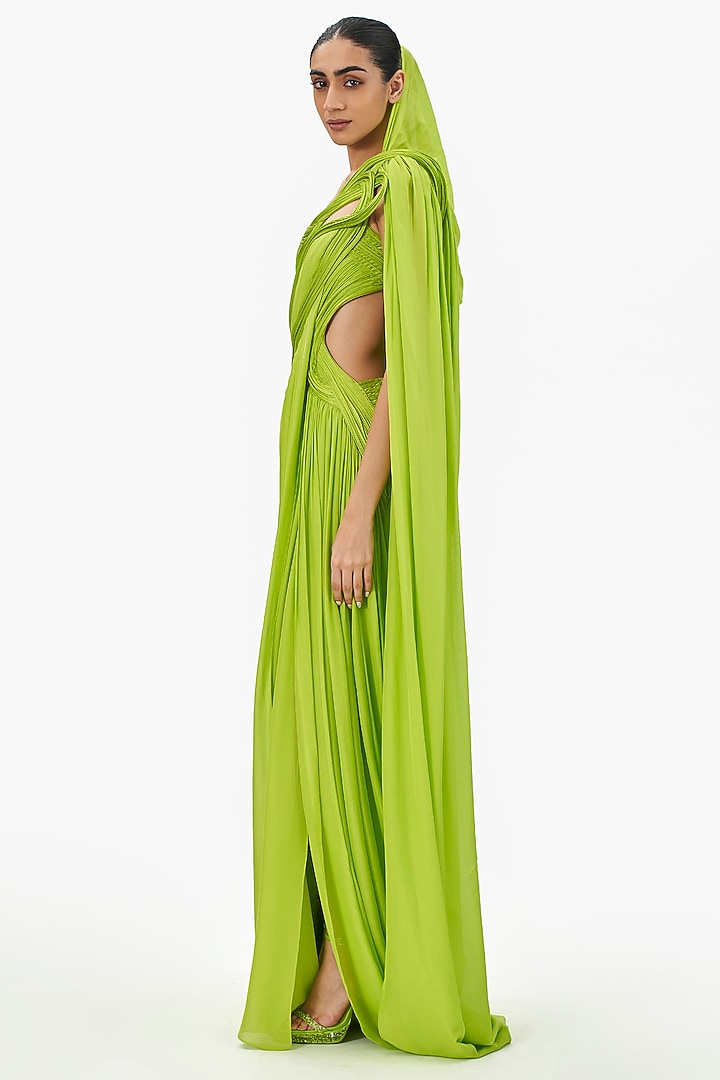 Neon Green Silk Chiffon Draped Bridal Gown Saree by Gaurav Gupta at Pernia's Pop Up Shop